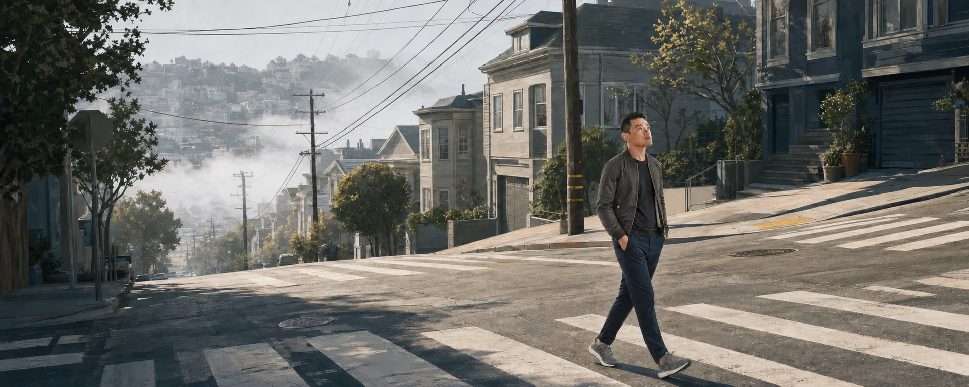 A stylized illustration of Daniel Ha crossing a steep San Francisco street as fog lifts over hillside homes.